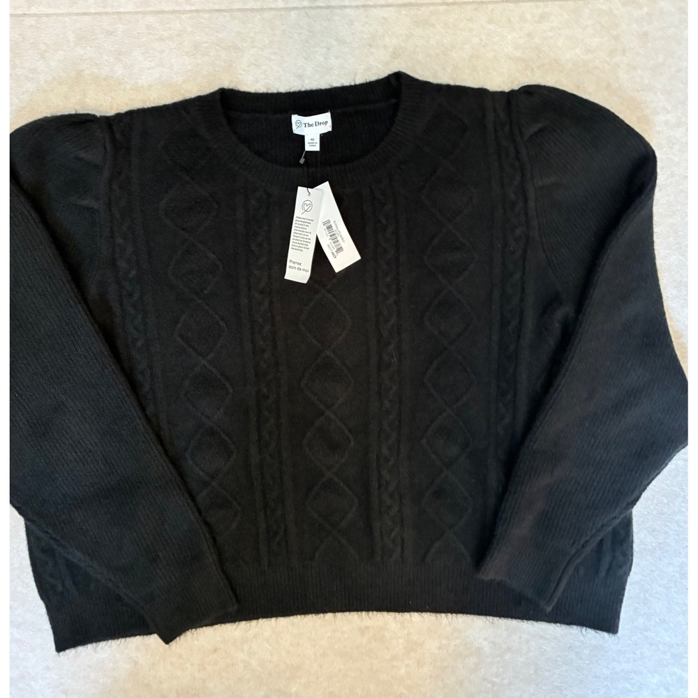 The Drop Black Cable Knit Puff Sleeve Crewneck Sweater 4X